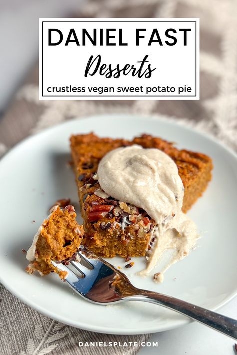 Doing the Daniel Fast? Check out this vegan crustless sweet potato pie. It's made with unexpected, but common ingredients. Sweetened with dates and sweet potatoes, this pie is gluten-free, soy-free, and absolutely delicious! That's right, there's no added sugar. Daniel Fast Desserts No Sugar, Daniel Fast Dessert, Daniel Fast Sweets, Sweet Potato Dessert Healthy, Daniel Fast Scripture, Daniel Fast Desserts, Crustless Sweet Potato Pie, Daniel Fast Recipe, Food Preps