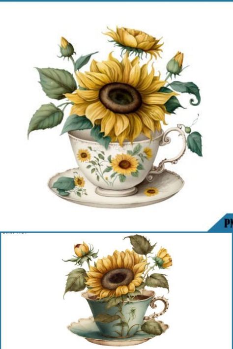 Watercolor Vintage Teacup Sunflower Watercolor Teacup, Tea Cup Drawing, Teacup Tattoo, Sunflower Watercolor Painting, Teacup Vintage, Cup Tattoo, Watercolor Vintage, Printable Illustrations, Graphic Illustrations