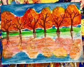 This week, 2nd grade started their Fall reflection paintings. These were created in just a few steps. First draw out "Y" trees on a fol... Paint Activities, Fall Reflections, November Art, September Art, Art Docent, Classe D'art, Kandinsky Art, Reflection Painting, 2nd Grade Art