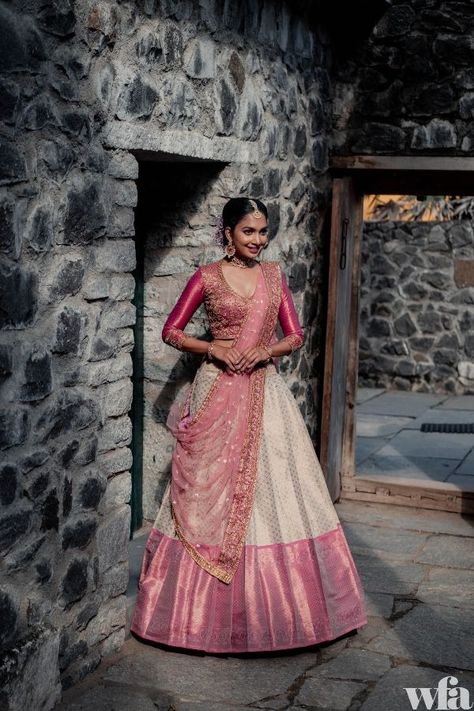 10+ Best Bridal Lehenga Stores In Chennai – Check It Out! - SetMyWed Half Saree Look For Engagement, South India Lehangas, Pleated Lehenga Indian Weddings, Half Saree Modern Style, Saree To Half Saree Designs, Half Saree Styles Traditional, Pink And White Half Saree, Full Hands Blouse Designs For Lehenga, Pleated Half Saree