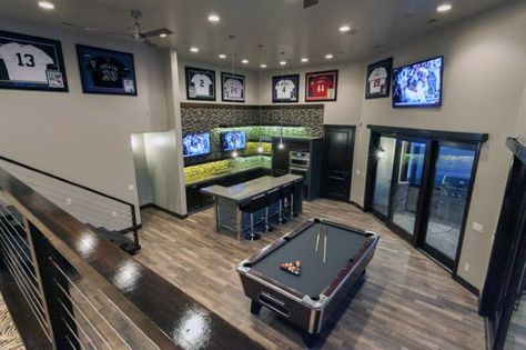 60 Basement Man Cave Design Ideas For Men - Manly Home Interiors Basement Man Cave, Contemporary Basement, Man Cave Lighting, Man Cave Design, Dream Basement, Rustic Basement, Ultimate Man Cave, Modern Basement, Man Cave Basement