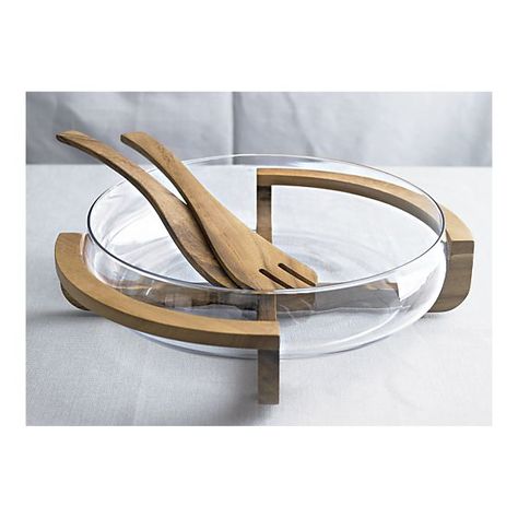 glass and wood salad bowl from Crate and Barrel (of course) Crate And Barrel Inspiration, Modern Serving Dishes, Glass Salad Bowl, Modern Glass Bowl, Kitchen Equipment Storage, Salad Bowl Wood, Quirky Kitchen Decor, Kitchen Decor Collections, Wood Salad Bowls