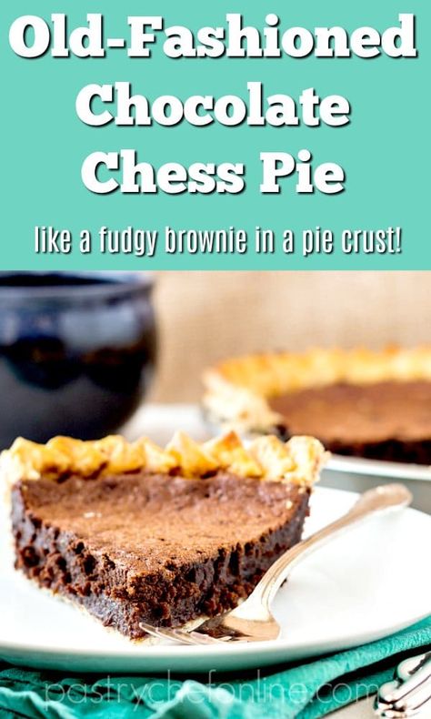 Chocolate chess pie is easy to make with ingredients you probably already have in your pantry. Make your own crust or use store-bought, but do make this. An easy chess pie recipe your whole family--especially the chocoholics--will enjoy. #chesspie #pie #dessert #chocolatechesspie Angus Barn Chocolate Chess Pie Recipe, Chocolate Chess Pie Recipe, Chess Pie Recipe, Chocolate Chess Pie, Yummy Pie Recipes, Pie Chocolate, Favorite Pie Recipes, Chess Pie, Chocolate Slice