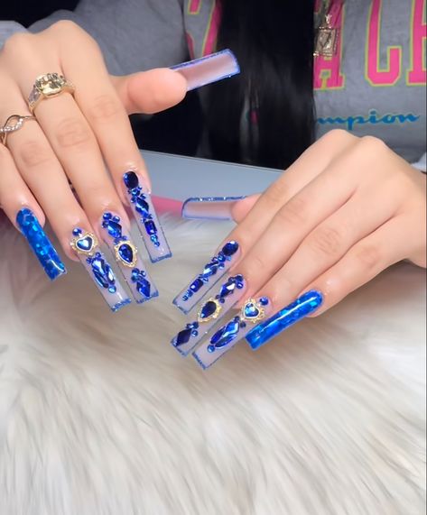 Royal Blue Extra Nails, Extra Blue Nails, Royal Blue Gem Nails, Baddie Bling Nails Blue, Blue Blinged Out Nails, Royal Blue Coffin Acrylic Nails, Rhinestone Blue Nails, Blue Bottom Nails, Royal Blue Nails For Quinceanera