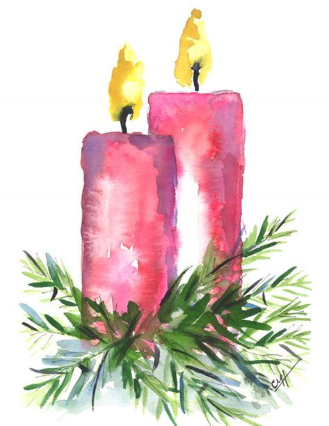 Christmas Images To Paint, Holiday Watercolor Art, Water Colored Christmas Cards, Water Painting Christmas Cards, Poinsettia Painting Easy, Christmas Watercolor Cards Easy, Simple Fall Watercolor Cards, Watercolor Postcards Christmas, Watercolor Christmas Candles