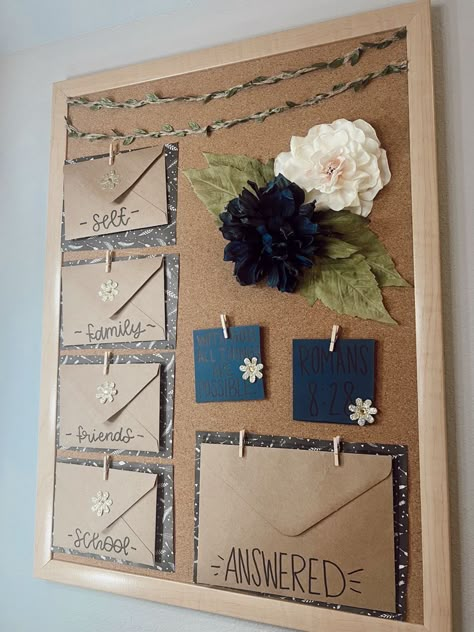 Prayer Journal Vision Board, Bible Area At Home, Prayer Group Aesthetic, Prayer Boards With Envelopes, Cute Christian Bedroom Ideas, Christian Wall Decor Ideas Bedroom, Prayer Boards For Kids, Prayer Board Supply List, Prayer Cork Board Ideas