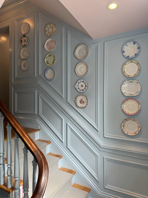 My collection of english cake plates. Mirror With Plates On Wall, Plate Wall Layout, Plate Wall Dining Room, White Plates On Wall, Kitchen Plate Wall, Hanging Plates On The Wall, Plate Display Wall, Plates On Walls, Plate Wall Display