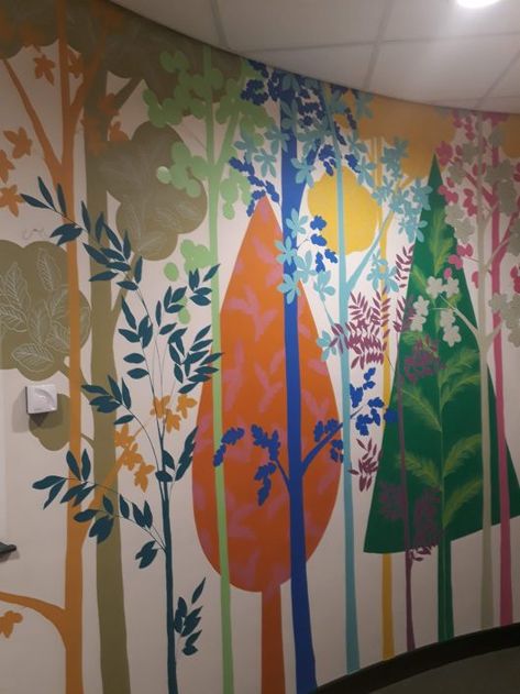 trees-school-reading-corner-wall-mural Tree Mural For School, Simple Tree Mural, Classroom Wall Mural, Reading Mural, Shipping Container Mural, Elementary School Murals, Closet Mural, School Reading Corner, Library Murals