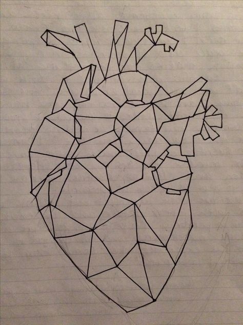 Geometric Anatomical Heart, How To Draw An Anatomical Heart, Glass Heart Drawing, Geometric Heart Drawing, Geometric Heart Tattoo, Anatomical Heart Drawing, Anatomical Heart Art, Heart Geometric, Geometric Line Art