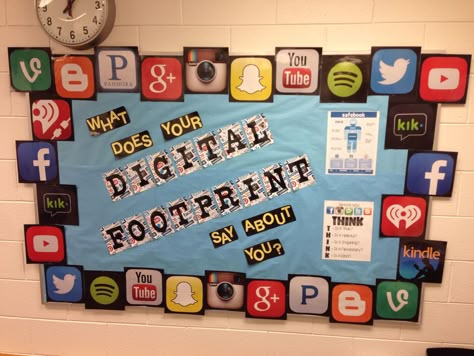 Digital footprint bulletin board for my counseling office.  Online citizenship Computer Lab Bulletin Board Ideas, Computer Bulletin Boards, Lab Komputer, Technology Bulletin Board, Computer Lab Decor, School Computer Lab, February Bulletin Boards, Computer Lab Classroom, Welcome Bulletin Boards