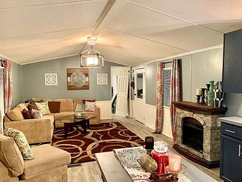 Single Wide Living Room, Single Wide Living Room Ideas, Trailer Remodel Single Wide, Single Wide Trailer Remodel, Mobile Home Single Wide, Trailer House Remodel, Wide Living Room, Mobile Home Redo, Single Wide Remodel