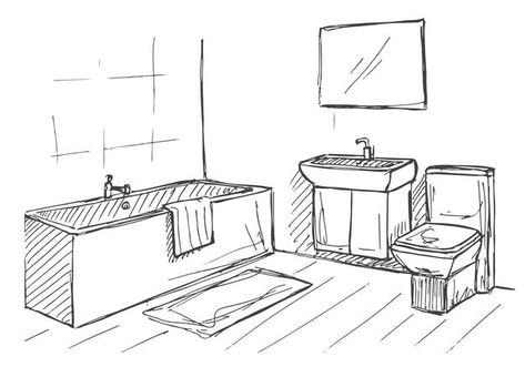 Drawing Bathroom, Bathroom Sketch, Bathroom Drawing, Interior Architecture Sketch, Black And White Tiles Bathroom, Interior Design Sketchbook, Furniture Design Sketches, Interior Design Renderings, Interior Architecture Drawing