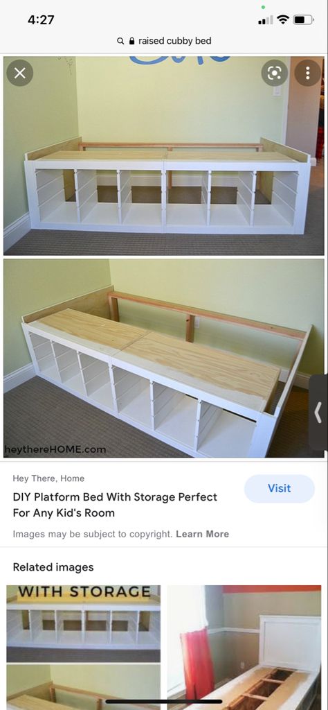 Twin Bed With Cube Storage, Diy Cubby Bed, Raised Twin Bed With Storage Diy, Cubby Bed Frame, Twin Size Bed Ideas For Small Room, Raised Twin Bed, Diy Twin Bed Frame, Diy Cubby, Cubby Bed