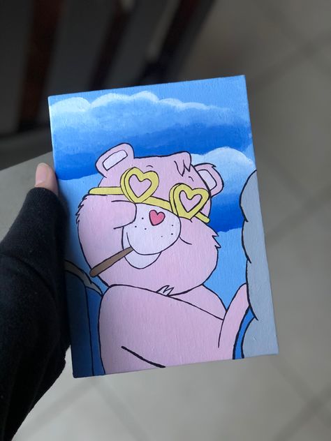 5 x 8 acrylic painting of a care bear smoking a blunt . selling on depop in link ! Carebear Paintings, Care Bear Painting Canvas, Care Bear Canvas Painting, Carebear Painting Canvas, High Painting Ideas, Care Bears Painting, Care Bear Painting, Cute Paintings Aesthetic, Paintings Mini Canvas