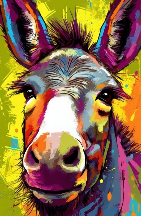 I LOVE Beautiful things! Including Beautiful Paintings of Beautiful Colorful Animals! So.. I've created an album of some of my favorite Living Creatures in Beautiful Color! NOT MY IMAGES! Unless otherwise stated.. #inlivingcolor #colorfulanimalpaintings #colorfulpaintings  #colorfulanimals #animalpaintings #colorful #livingcolor #art #swirlart #paintings #colorfulart #donkey #painteddonkey Smiling Donkey, Animal Pop Art, Animal Pictures For Kids, Rainbow Animals, Donkey Art, Farm Animal Paintings, Farm Prints, Colorful Animal Paintings, French Bulldog Art