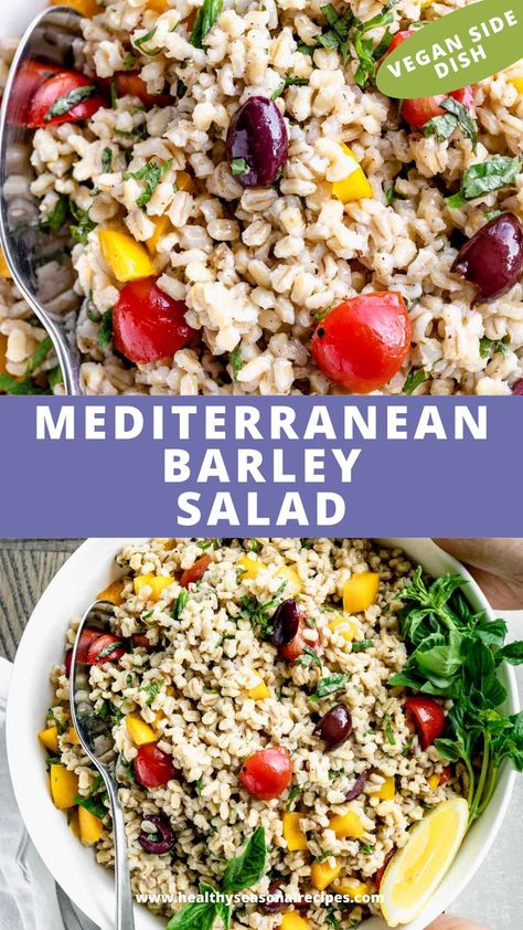 Mediterranean Barley Salad in a bowl. Barley Salad Recipes Cold, Kale Barley Salad, Parsley Salad Mediterranean, Mediterranean Barley Salad, Mushroom Barley Soup Mediterranean Dish, Barley Salad, Garlic Dressing, Simple Salad, Pasta Salad Italian