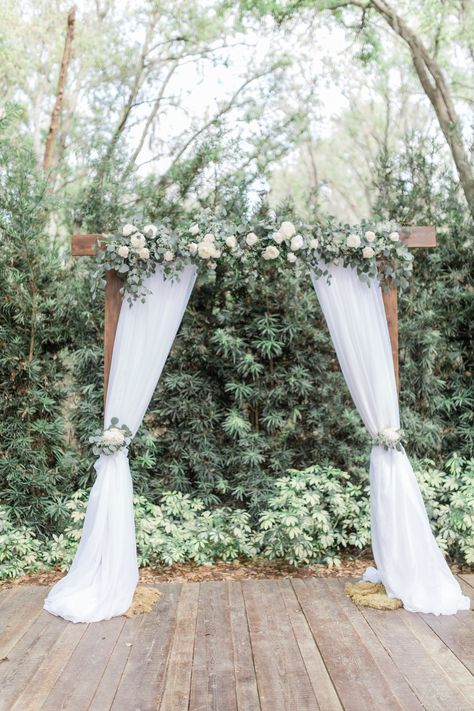 Eucalyptus Arbor Ceremony Arch, Wedding Arbor With Eucalyptus, Blush And Sage Wedding Arch, Wedding Arch With Flowers On Top, Wedding Arch Flowers Across Top, Rectangle Arbor Wedding, White Rose Wedding Arbour, Simple Arch Flowers, White Rose And Eucalyptus Wedding Arch