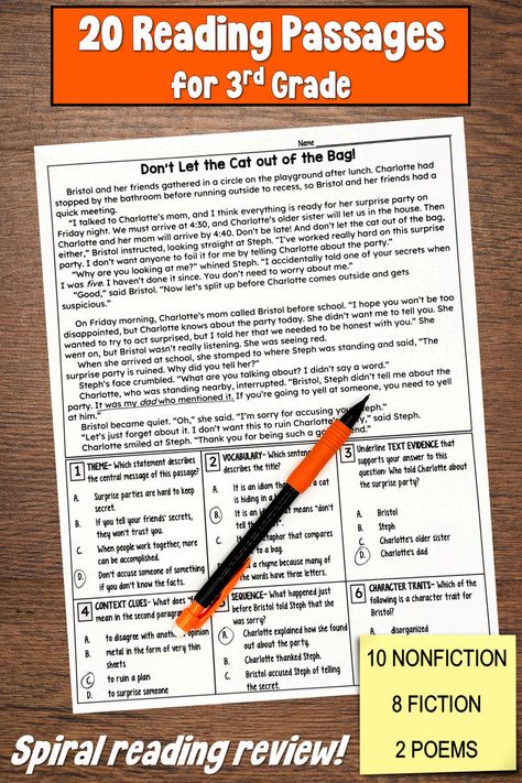 Do you want your 3rd grade students to practice reading passages and answering standards-based questions? When it is time to tackle those standardized tests, your students will feel prepared and confident! This resource contains 20 reading passages: 10 nonfiction, 8 fiction, and 2 poems). Each worksheet contains a passage followed by six multiple-choice questions that review a variety of reading skills. Use these to model, as morning work, as homework, or as part of a small group lesson. Reading Passages For 3rd Grade, 3rd Grade Test Prep, Third Grade Language Arts Activities, Author's Purpose Worksheet, Free Reading Passages, Third Grade Language Arts, Reading Comprehension Test, Writing Homework, Inspiration For Teachers