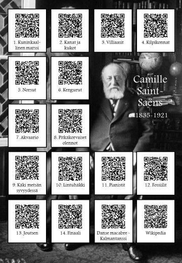 Camille Saint Saens with QR codes for different iconic songs. Camille Saint Saens, Saint Saens, High School Music, Carnival Of The Animals, Primary Music, Music Appreciation, Music Help, Music Ed, English Vocabulary Words Learning