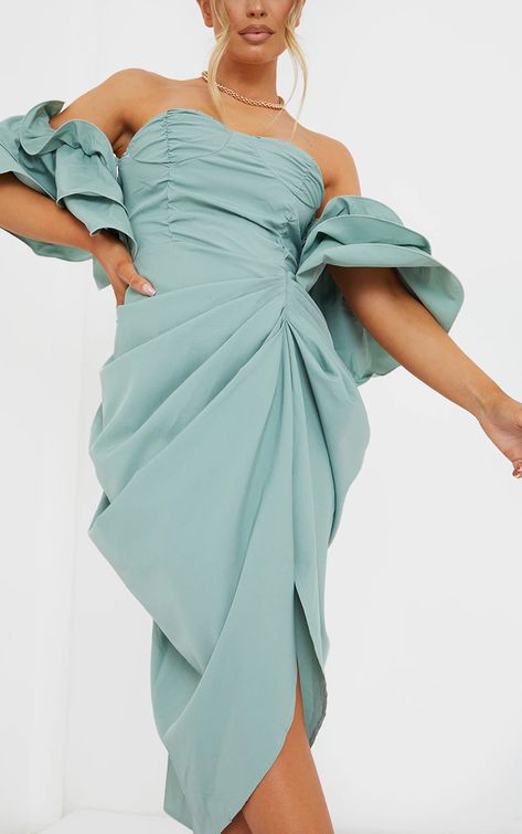 Sage Green Bardot Frill Sleeve Draped Midi Dress | PrettyLittleThing USA Green Off Shoulder Dress, Draped Midi Dress, Robes Glamour, Sage Dress, Draped Midi Dresses, One Shoulder Midi Dress, Frill Sleeves, Green Midi Dress, Dress Clothes For Women