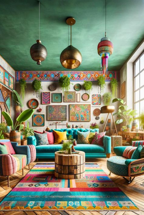 Maxamilist Boho Decor, Boho Mexican Decor, Mexican Boho Decor, Mexican Style Living Room, Modern Boho Living Room Ideas, Funky Dining Room, Modern Boho Aesthetic, Mexican Living Room, Funky Living Room