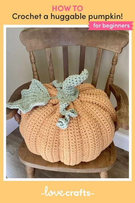 Crochet the squidgiest giant pumpkin with this easy step-by-step tutorial by Kate Eastwood. Perfect for making a homemade pumpkin patch for Halloween or Thanksgiving, this huggable gourd is sure to make your home cosy this Autumn. | Learn more at LoveCrafts.com Pumpkin Patterns Free, Thanksgiving Crochet, Fall Crochet Patterns, Crochet Halloween, Halloween Crochet Patterns, Crochet Leaves, Crochet Fall, Holiday Crochet, Crochet Pumpkin