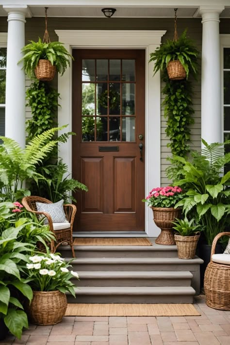 20 Summer Front Porch Decor Ideas – ToolzView Earthy Front Porch, Door Front Decor, Front Door Ideas Plants, Front Door Pergola Porch, Front Door Decor Plants, Front Door Porch Decor Ideas, Hacienda Landscaping Ideas, Front Landing Ideas, Narrow Front Door Entry Exterior