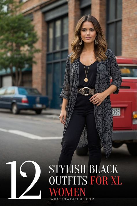 Discover the top 12 black outfits that bring out the best in XL figures! Perfect for making bold style statements effortlessly. #PlusSizeChic #BlackFashion #CurvyLooks Stylish Black Outfits, Accessorize Black Dress, Best Black Outfits, Edgy Outfits For Women, Jumpsuit Styling, Black Outfits For Women, Black Dress Elegant, Women Confidence, Black Outfit Ideas