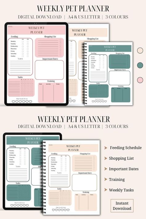 A digital planner for pets with areas for feeding, training, shopping lists, important dates and task. The PDF is in 3 different colours, a neutral beige, light pink and blue. Pet Care Planner, Pet Planner, Journal Goodnotes, Shopping List Planner, Goodnotes Template, Date Activities, Schedule Planner, Journal Printable, Am Pm