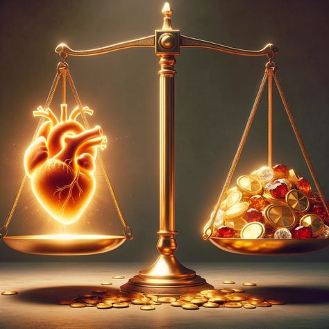 A thought-provoking illustration symbolizing Proverbs 16:8, showing a scale of justice. On one side, there's a bright, radiant heart representing righteousness and ethical integrity. The heart glows with a warm, golden light, emphasizing its value. On the other side, a pile of gold coins and jewels, symbolizing wealth obtained through unjust means, appears dull and less significant in... Pile Of Jewels, Bible Verses For Men, Pile Of Gold Coins, Jesus Gif, Scale Of Justice, Jesus Love Images, Golden Mean, Bible Proverbs, Biblical Artwork