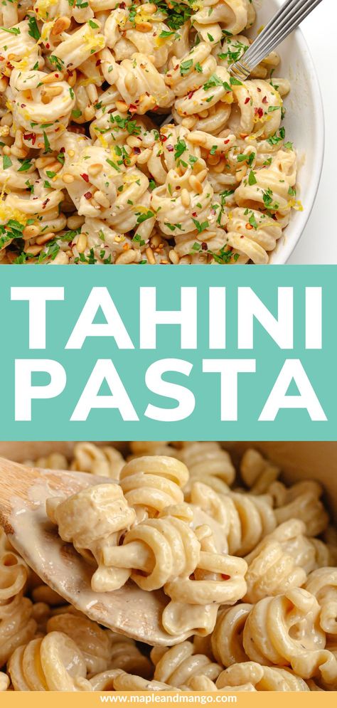 Looking for a new and simple pasta dish to try? This easy tahini pasta recipe is ready in just 20 minutes! Perfect for a busy weeknight dinner or a cozy night in. The flavorful tahini sauce on this pasta is SO GOOD - creamy, tangy, nutty goodness! Also naturally dairy-free, vegetarian and vegan making it a great alternative to cream based sauces. Serve this tahini pasta as a main or a side dish! | www.mapleandmango.com Recipes Using Tahini, Tahini Pasta, Cauliflower Pasta, Tahini Paste, Simple Pasta, Easy Pasta Dishes, Tahini Sauce, Favorite Side Dish, Pasta Dish