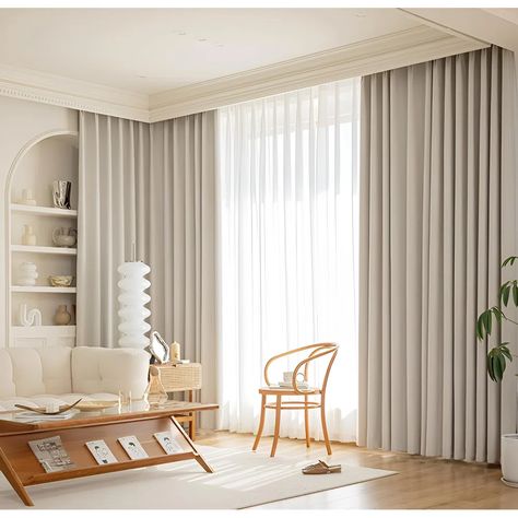 Hokku Designs High-Temperature Set Blackout Curtains - Luxurious, Modern, And Minimalist For Living Room And Bedroom | Wayfair Bedroom Window Design Ideas, Scandinavian Living Room Curtains, Large Window With Curtains, Minimalist Bedroom Curtains, Curtains Wide Windows, Modern Home Curtains, Curtains Room Bedroom, Curtains Design Living Room, High Curtains Bedroom