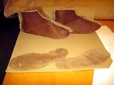 Simple Shearling Boots : 8 Steps (with Pictures) - Instructables Leather Slippers Pattern, Making Moccasins, Practical Crafts, Handmade Shoes Pattern, Skin Craft, Boots Diy, Viking Shoes, Moccasin Pattern, Handmade Leather Boots