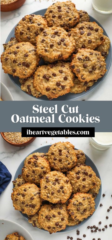 These tasty chocolate chip oatmeal cookies are made with steel cut oats for a uniquely chewy texture. Give these delicious cookies a try! Steel Cut Oatmeal Cookies, Quick Oat Recipes, Healthy Oat Cookies, Steel Cut Oatmeal Recipes, Oatmeal Cookie Recipes Healthy, Chocolate Oat Cookies, Oat Chocolate Chip Cookies, Oat Cookie Recipe, Steel Cut Oats Recipe