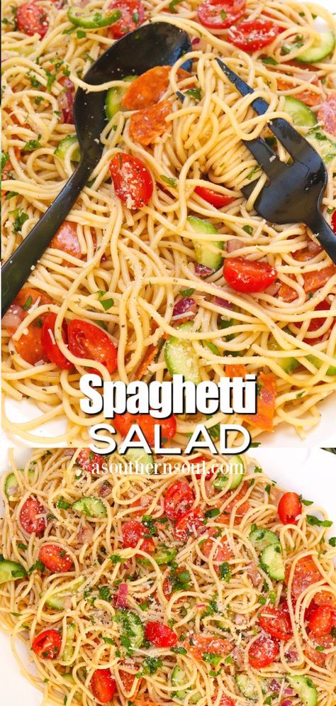 Spagetti Pasta Salad, Spagetti Salad Recipes, Spaghetti Sides Dishes, Pasta Pepperoni, Cold Spaghetti Salad, Spaghetti Pasta Salad, A Southern Soul, Spaghetti Salad, Salads For A Crowd