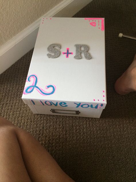 I got a plain white box and decorated it for my boyfriend. I made this our memory box. I simply painted a design on the front. I hot glued our initials with silver letters. It came out pretty girly, but he loved it. It was just a cute appreciation present! Relationship Memory Box Ideas Diy, Couples Box Ideas, Love Letter Box Diy, Couple Memory Box Diy, Wood Box Painting Ideas For Boyfriend, Memory Box Ideas Diy Boyfriend, Gf Things, Keepsake Box Diy, Memories Box Diy