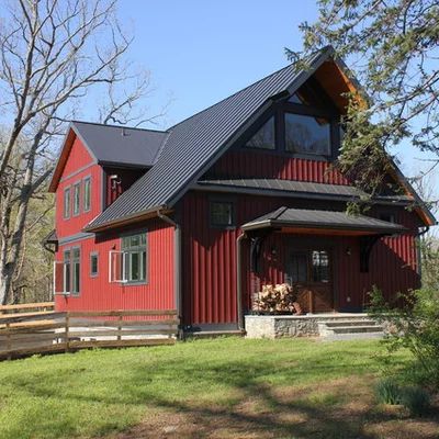 Barndominium - Farmhouse - Exterior - Other - by RJS Custom Homes LLC | Houzz Rustic Red Barndominium, Red And Black Barndominium, Steel Siding Exterior House Farmhouse, Red Barndominium Exterior, Red Barndominium, Brown Barndominium Exterior, Red Exterior House Colors, Metal Siding House, Red Barn House