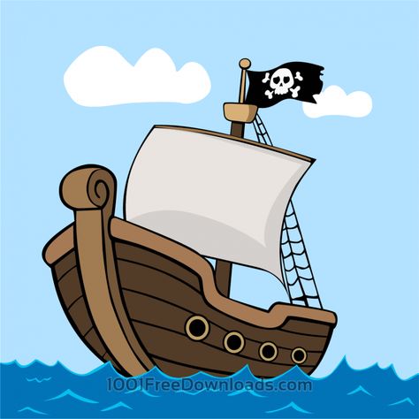 Free Vectors: Pirate ship on sea | Vintage Cartoon Pirate Ship, Pirate Ship Drawing, Ship Clipart, Cartoon Pirate, Ship Silhouette, Pirate Cartoon, Sea Pirates, Pirate Boats, Pirate Kids