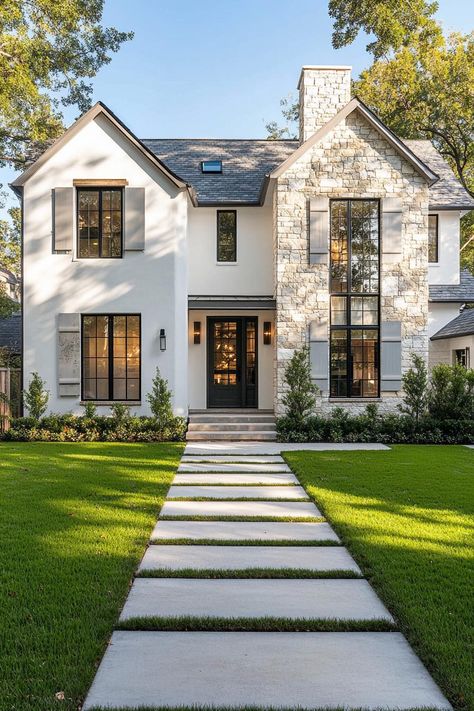 Modern cotteage facade white on the left stone mosaic on the right large white windows grey shutters on the stone mosaic side of the house front. Stay ahead of the curve and make your neighbors green with envy by uncovering the latest, eye-popping house exterior trends. Mixed Brick House Exterior, White Brick House White Windows, Houses Front View, White House Front Yard, American House Facade, Stone And White Exterior, Traditional Modern House Exterior, White Farmhouse With Stone, Stucco Stone Exterior