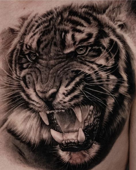 Jaguar Chest Tattoo, Chest Tattoo Animal, Chest Tattoo Japanese, Tiger Eyes Tattoo, Tiger Face Tattoo, Leg Sleeve Tattoos, Leg Tattoo Ideas, Tiger Tattoo Sleeve, Big Cat Tattoo