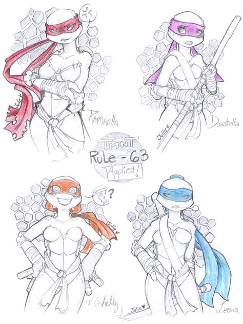 TMNT - Rule 63 Applied! by juliefofisss on DeviantArt Tmnt Girls, 3d Karakter, Teenage Turtles, Tmnt Comics, Rule 63, Teenage Mutant Ninja Turtles Art, Ninja Turtles Artwork, Tmnt Artwork, Teenage Ninja