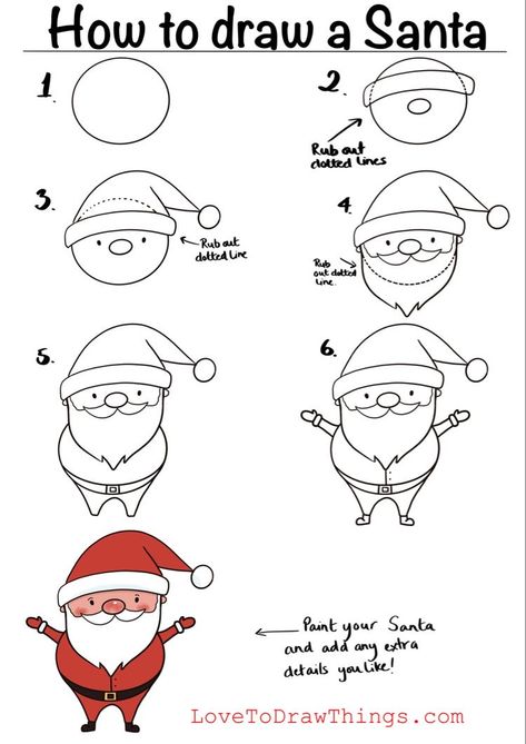 Draw Santa, Trin For Trin Tegning, Easy Christmas Drawings, How To Draw Santa, Christmas Drawings, Christmas Doodles, Easy Doodle Art, Christmas Drawing, Cute Easy Drawings