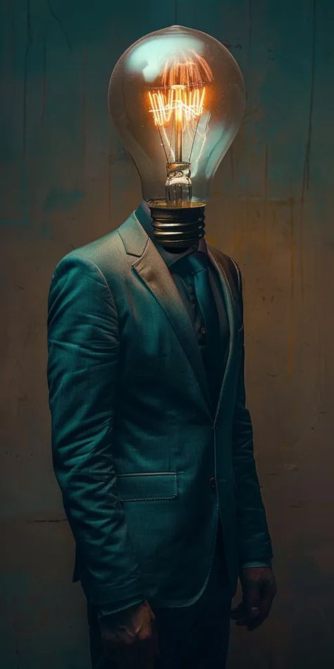 Midjourney AI Image: man wearing suite with a bulb lamp instead of the head, photography, photorealism, extreme detail, h... → more in ai-img-gen.com Photography Rule Of Thirds, Head Photography, Teal Suit, Volumetric Lighting, Colour Gradient, Dynamic Lighting, Bulb Lamp, Rule Of Thirds, Meeting New Friends