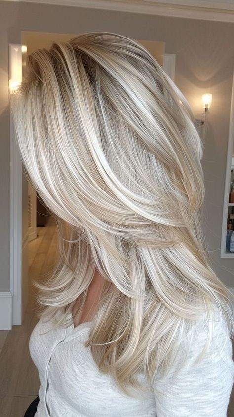 Channel your inner edginess with these 25 medium to long length layered hairstyles that make a statement. Med Length Blonde Hair With Layers, Platinum Blonde Layers, Long Heavily Layered Hair, Medium Long Layers Haircut, Medium Long Blonde Haircut, Platinum Layered Hair, Long Layers Blonde Highlights, All Over Highlights Blonde, Over 50 Hairstyles For Women Medium Length