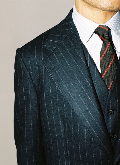 type: single-breasted suit with waistcoat fabric: 100% wool colour: navy with chalk stripes  features: 11cm (4.3”) notch lapels, 2 buttons, straight pockets with 6 cm flaps and chest pocket, 5 buttons waistcoat   #MADETOORDER #SUIT #SHIRTS #HUSBANDSPARIS Suit With Waistcoat, Chalk Stripe Suit, Stripe Suit, Fashion Suits For Men, Fashion Suits, Suit Shirts, Workout Accessories, Abu Dhabi, Big Brother