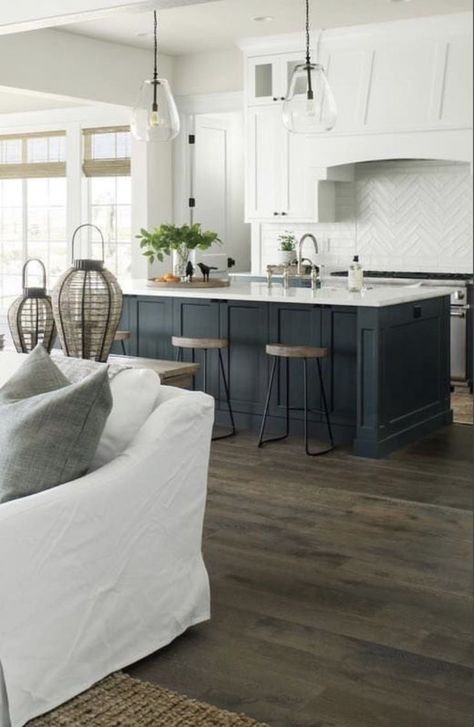 Modern Kitchen With Hardwood Floors, Transitional Dining Room Lighting Over Table, Farrow And Ball Railings Kitchen Island, White Kitchen Cabinets With Dark Island, Kitchen Prep Island, Casa Rock, Black Kitchen Island, Kitchen Island Decor, New House - Kitchen