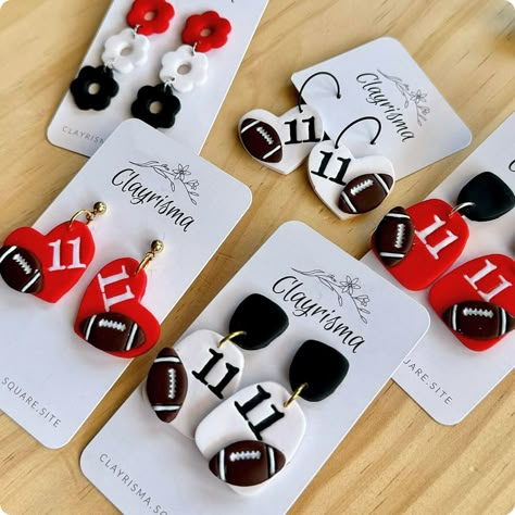 Clay Basketball Earrings, Basketball Clay Earrings, Sport Clay Earrings, Diy Football Earrings, School Spirit Clay Earrings, Clay Football Earrings, Football Clay Earrings, Clothing Booth Display, Clothing Booth