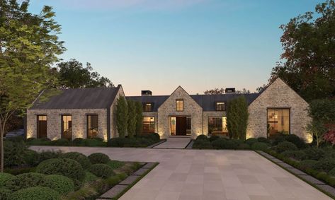 Scandinavian Ranch House Exterior, Modern Mediterranean Farmhouse Exterior, Contemporary Country Home Exterior, English Ranch House Exterior, Landscape Design Driveway, Texas Hill Country Homes Exterior, English Modern House, Bungalow House Interior Design, Timeless House Design