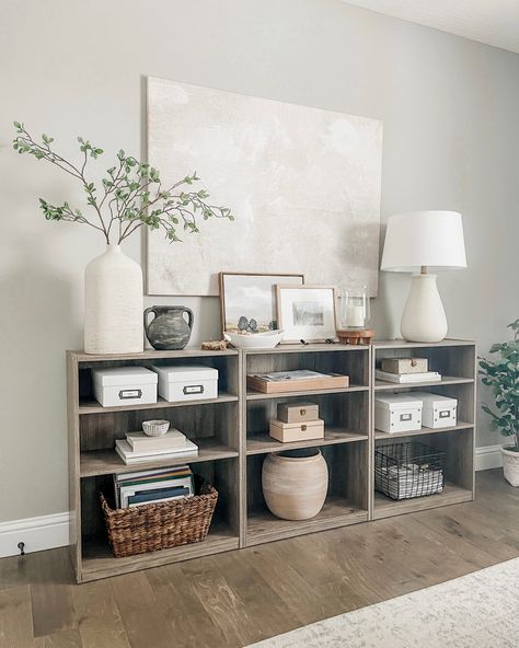 Bookcase Entryway Ideas, 3 Shelf Bookcase Decor, Horizontal Bookshelf Styling, Low Bookshelf Styling, Short Bookshelf Decor, Short Bookcase Styling, Short Bookshelf Styling, Office Bookcase Styling, Bookcase Decor Living Room