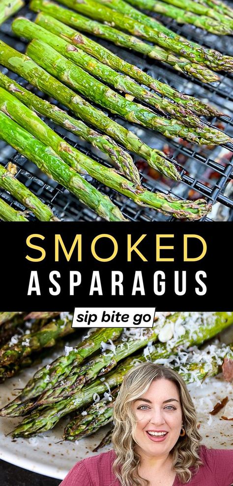 traeger smoked asparagus recipe with parmesan cheese and almond slices with Jenna Passaro from Sip Bite Go and text overlay Cooking With A Traeger Grill, Traeger Grill Recipes Vegetables, Traeger Tips And Tricks, Pit Boss Pellet Smoker Recipes Sides, Pellet Grill Recipes Sides, Smoker Vegetable Recipes, Smoked Asparagus In Smoker, Traeger Asparagus, Traeger Veggies